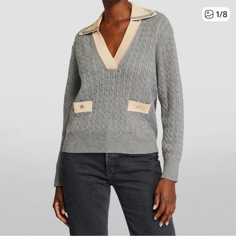 Sandro Gray and Cream V-Neck Sweater